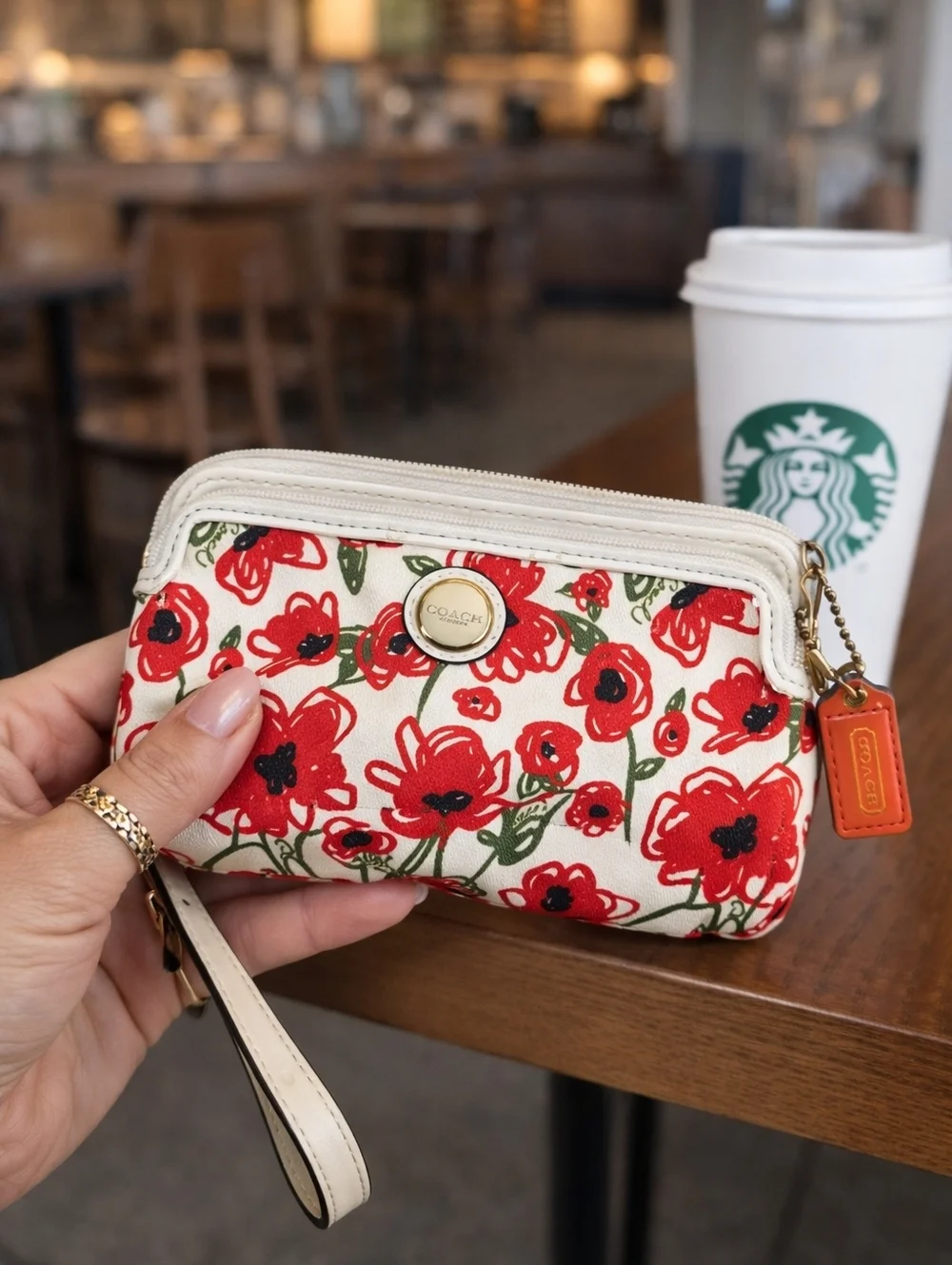 Coach Red Floral Print Canvas Wristlet Wallet Zip Pouch